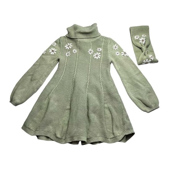 cupcakes & cashmere Other - Cupcakes & Cashmere Sage Green Daisy Sweater Dress and Headband Size 4T